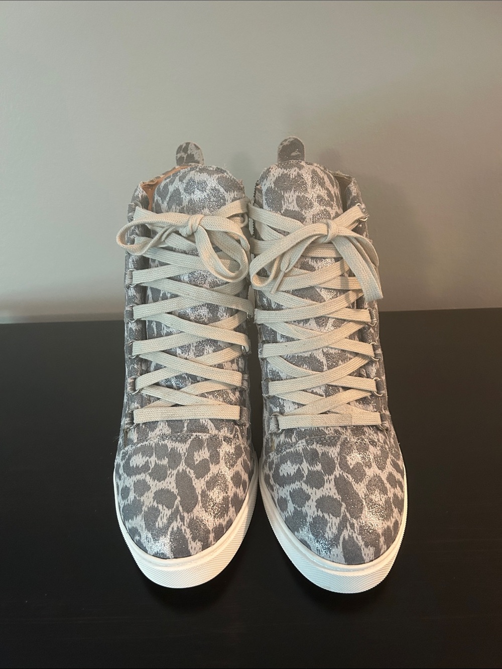 Paolo Gray Leopard-Print High-Top Sneakers with Cream Laces